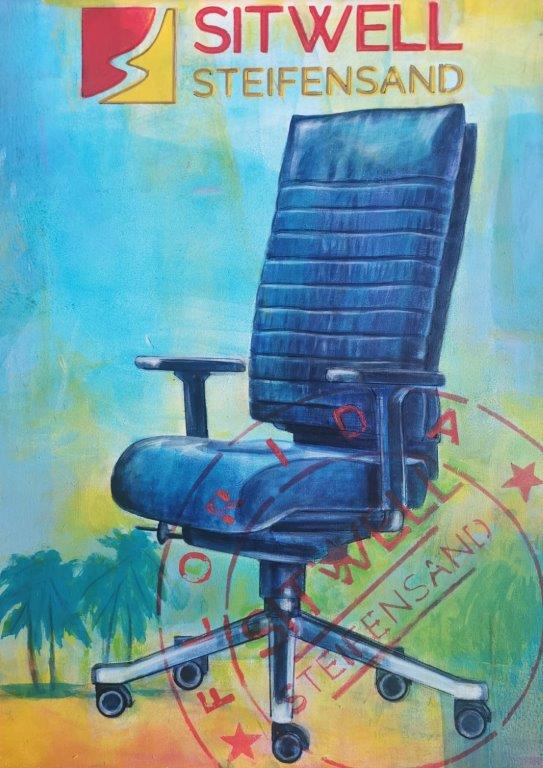 Ergonomic_office_chair_heaven_on_earth - SitWell.com Blue office chair depicted in a colorful mural with SITWELL branding at the top left.